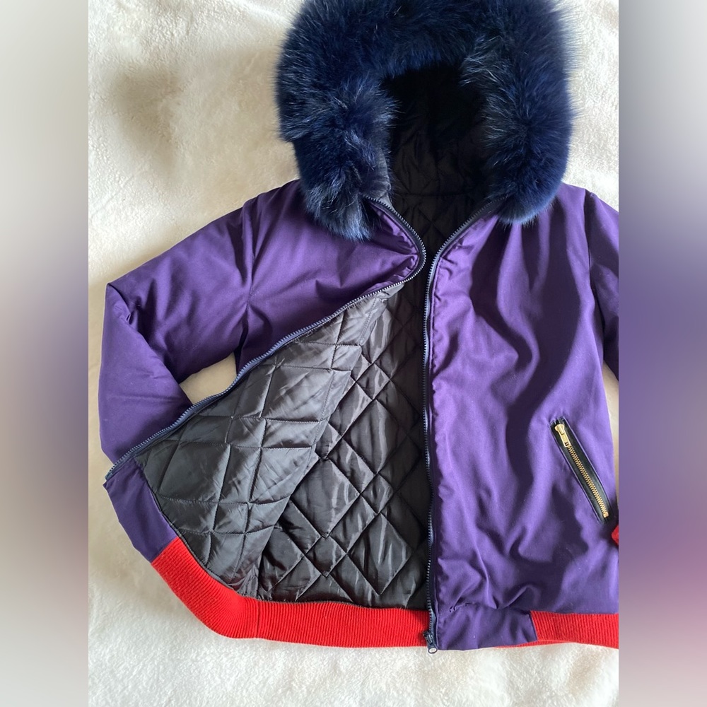 Homemade purple and red bomber coat with real fur hood | S/M | winter | holiday
